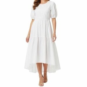 Code X Mode Womens S White Puff Sleeve High Low Tiered Midi Dress Pockets